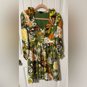 J.Crew 100% Silk Boho Floral Midi Dress w/Pockets Scoop Neck, Retro Print, Sz 0